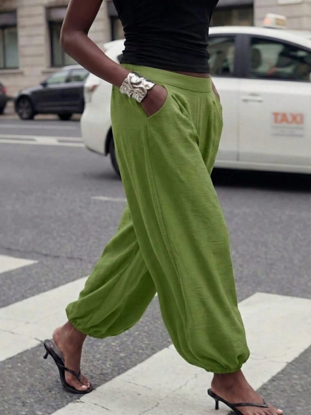 Green Woven Harem Pants with Elastic Cuffs and Pockets